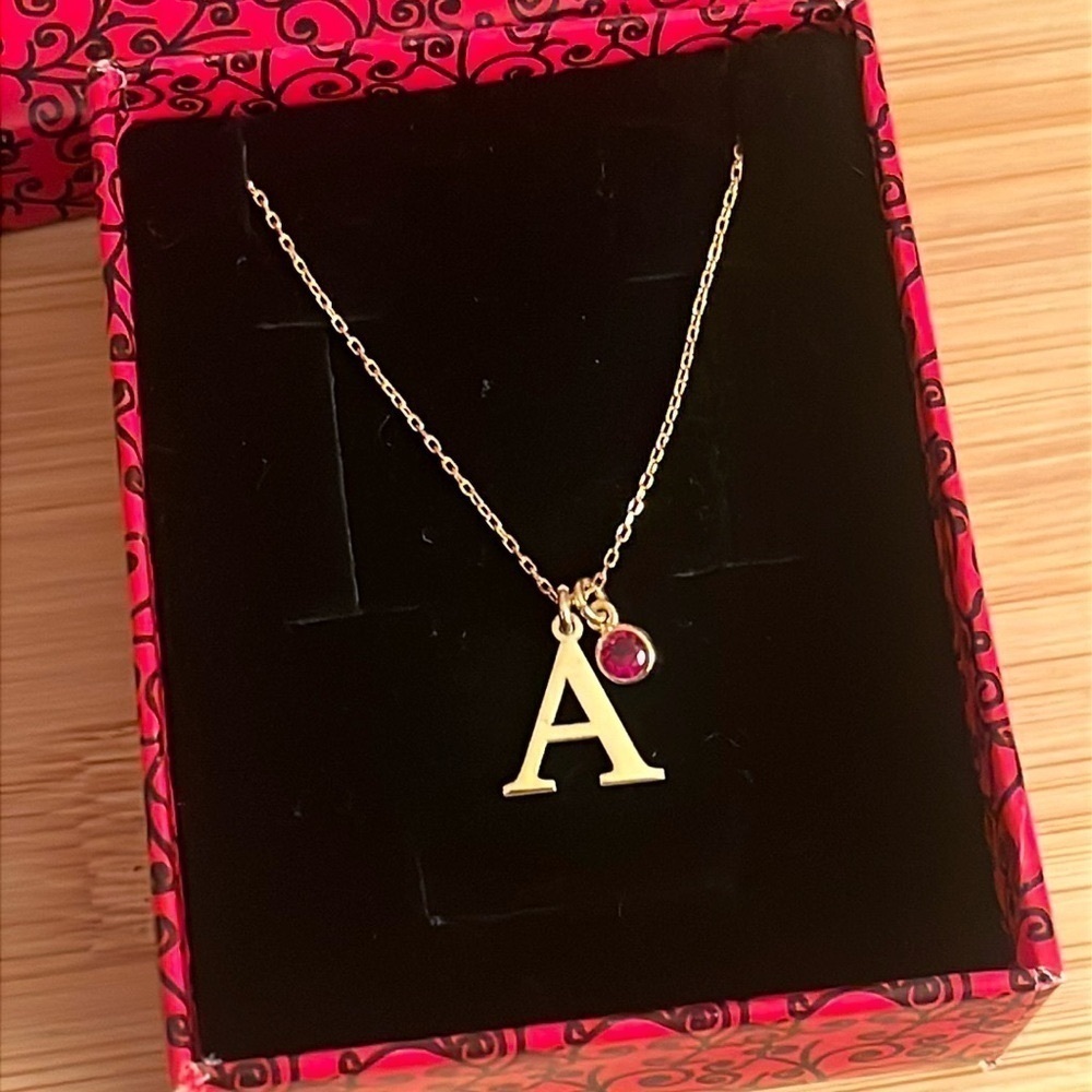 Brand New 14k Gold Plated Sterling Silver Garnet Gemstone Monogram “A” Necklace